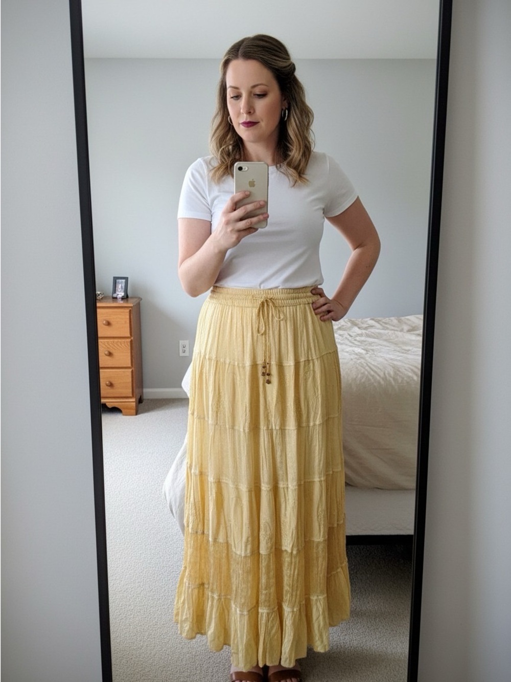 Tiered Light Yellow Maxi Skirt with Drawstring Waist